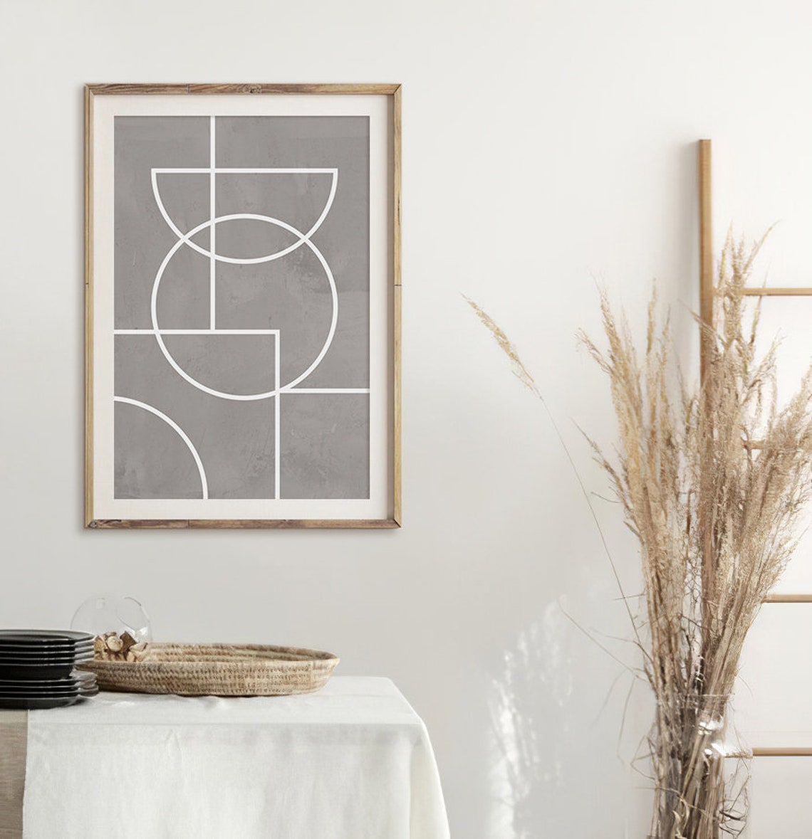 Gray Geometric Line Art White Circles Mid Century Modern Print