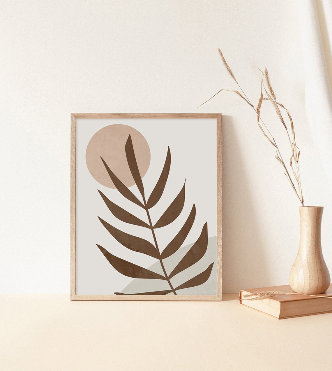 Brown Palm Leaf Beige Sun Circle Minimalist Tropical Art Poster - Image 3