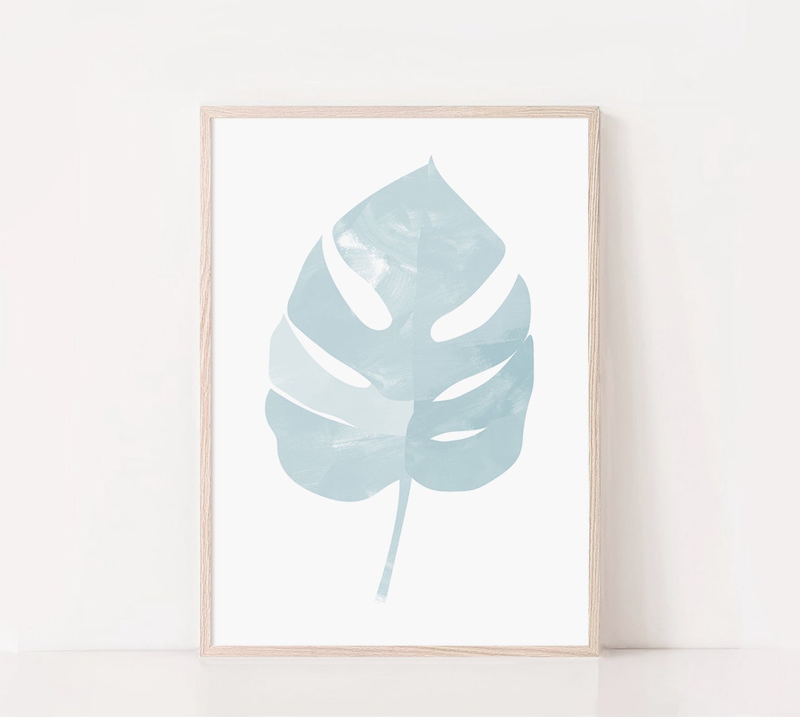 Dusty Blue Monstera Leaf Watercolor Minimalist Botanical Art Poster