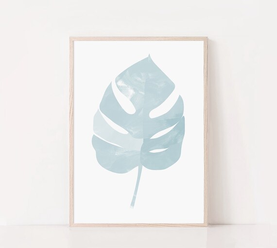 Blue Monstera Painting Art Blue Palm Leaves Print Tropical Wall Art Abstract Wall Art Minimalist Print Living Room Wall Art