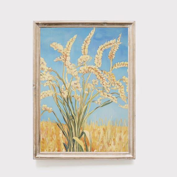 Wheat Field Art Print Golden Grass Painting Blue Sky Landscape Farmhouse Wall Decor Summer Nature Artwork Rustic Home Decor