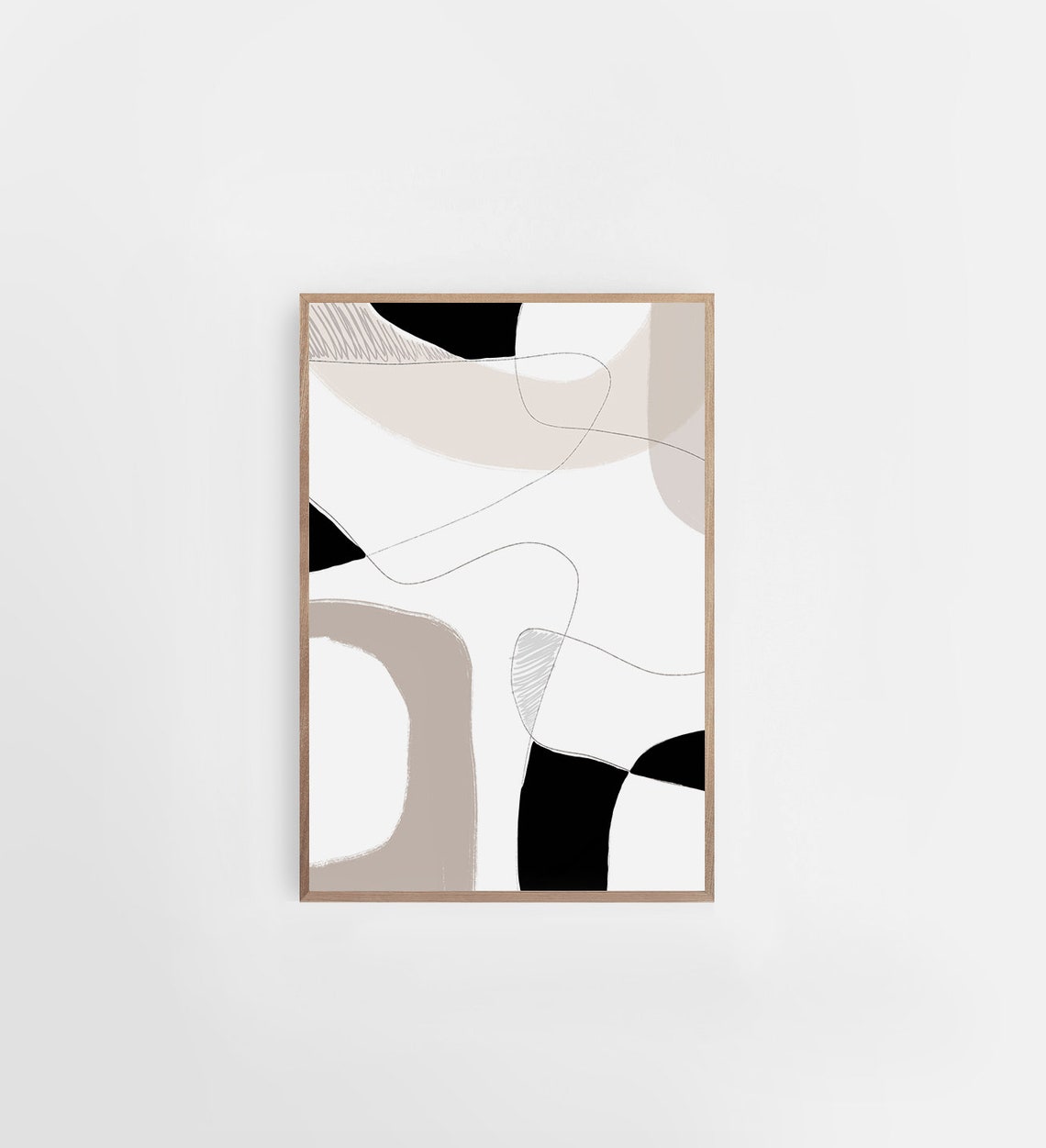 Boho Black Beige Abstract Line Art Modern Curved Shapes Wall Print - Image 2