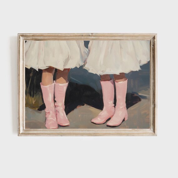 Chic Pink Cowboy Boots White Dress Impressionist Fashion Poster