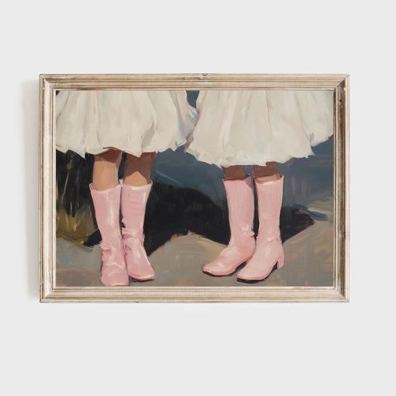 Pink Boots Art Print Fashion Wall Decor Modern Impressionist Painting Girls Room Art Feminine Footwear Illustration