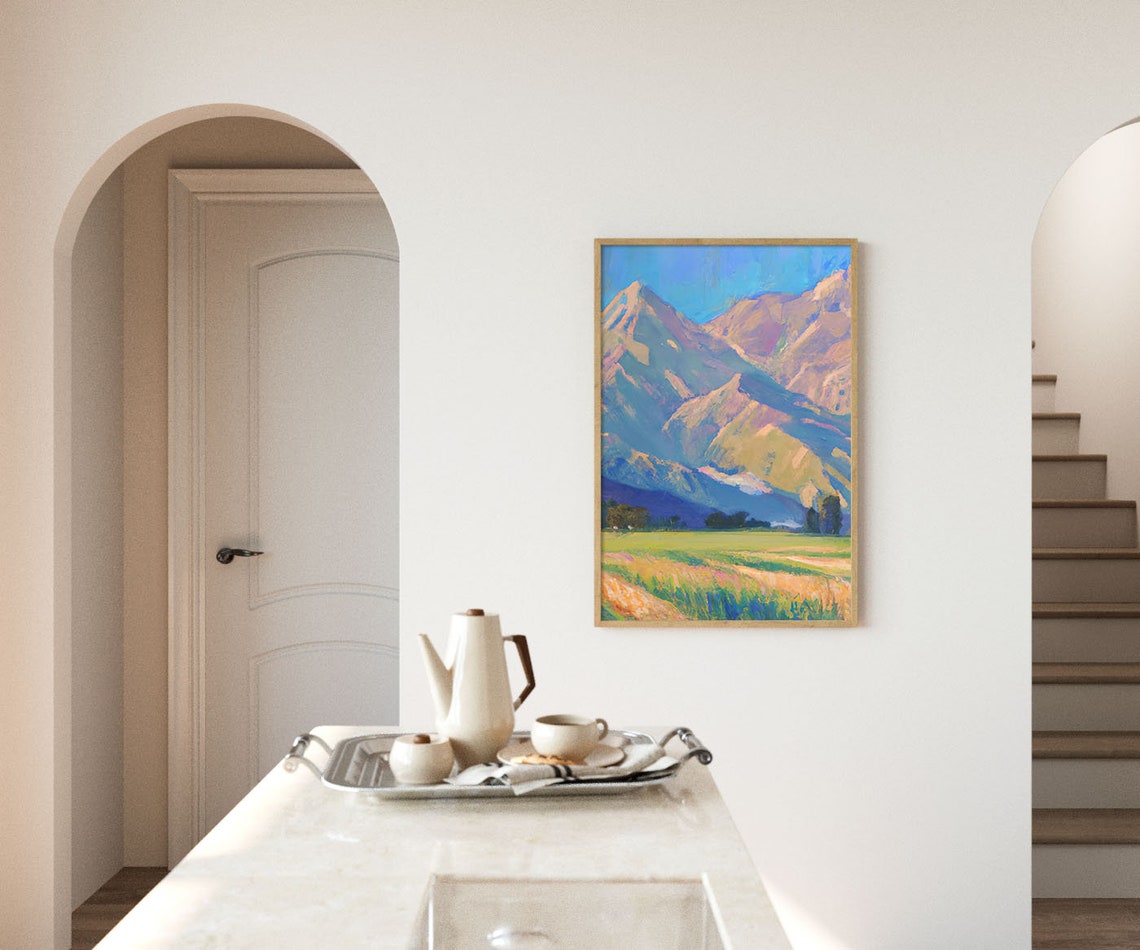Impressionist Mountain Peaks Golden Meadow Vibrant Nature Wall Art - Image 3