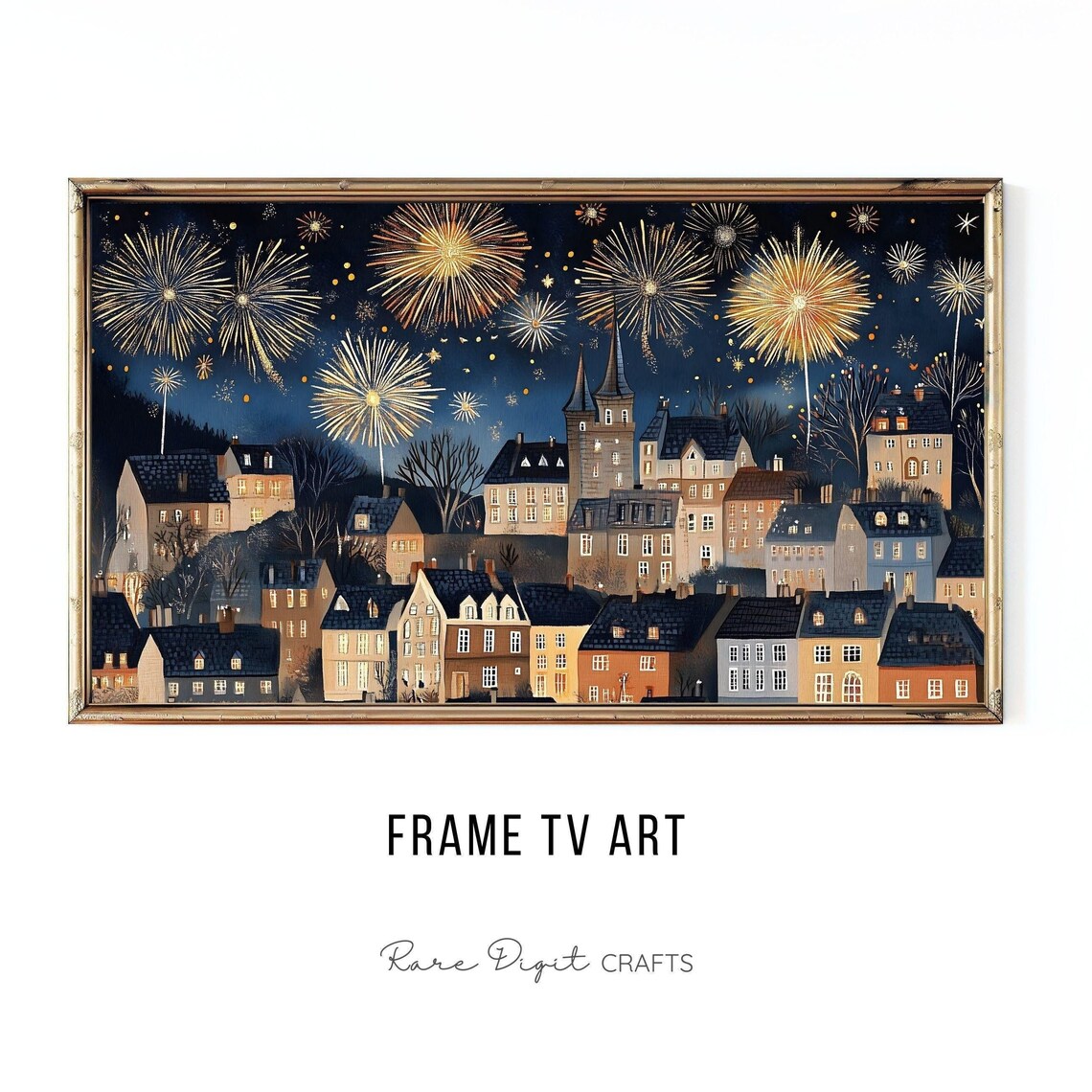 New Year Fireworks Night Sky European Town Celebration Art Poster