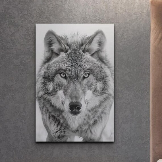 Majestic Wolf Staring Camera Black and White Nature Art Poster