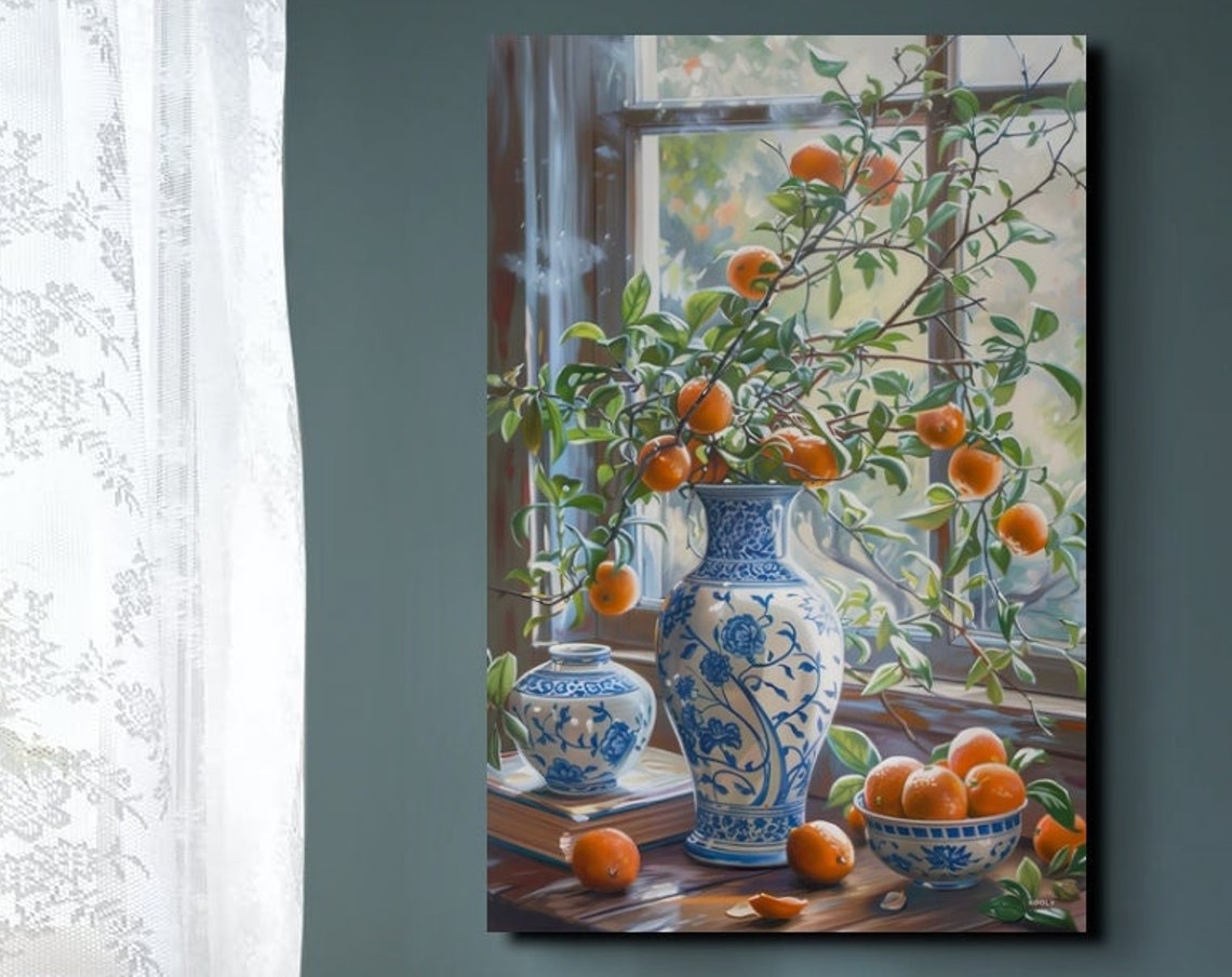 Orange Branches In Blue White Porcelain Vase Still Life Poster