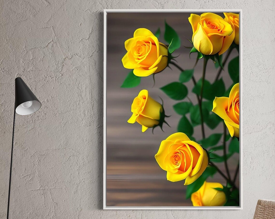 Golden Yellow Roses Photography Art Poster with Warm Wood Tones