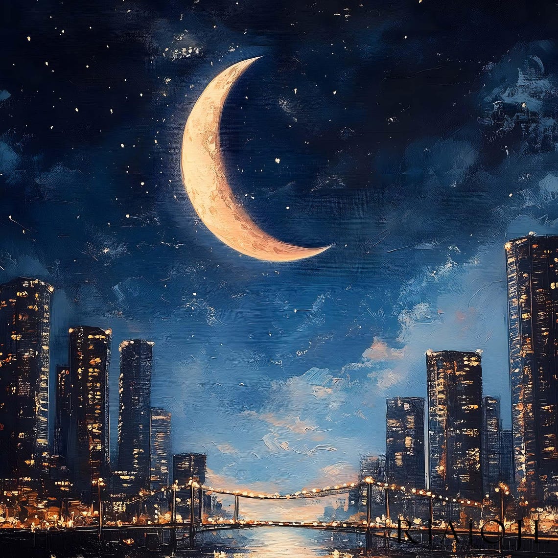 Crescent Moon Night City Skyline Watercolor Night Decor Poster - Image 4