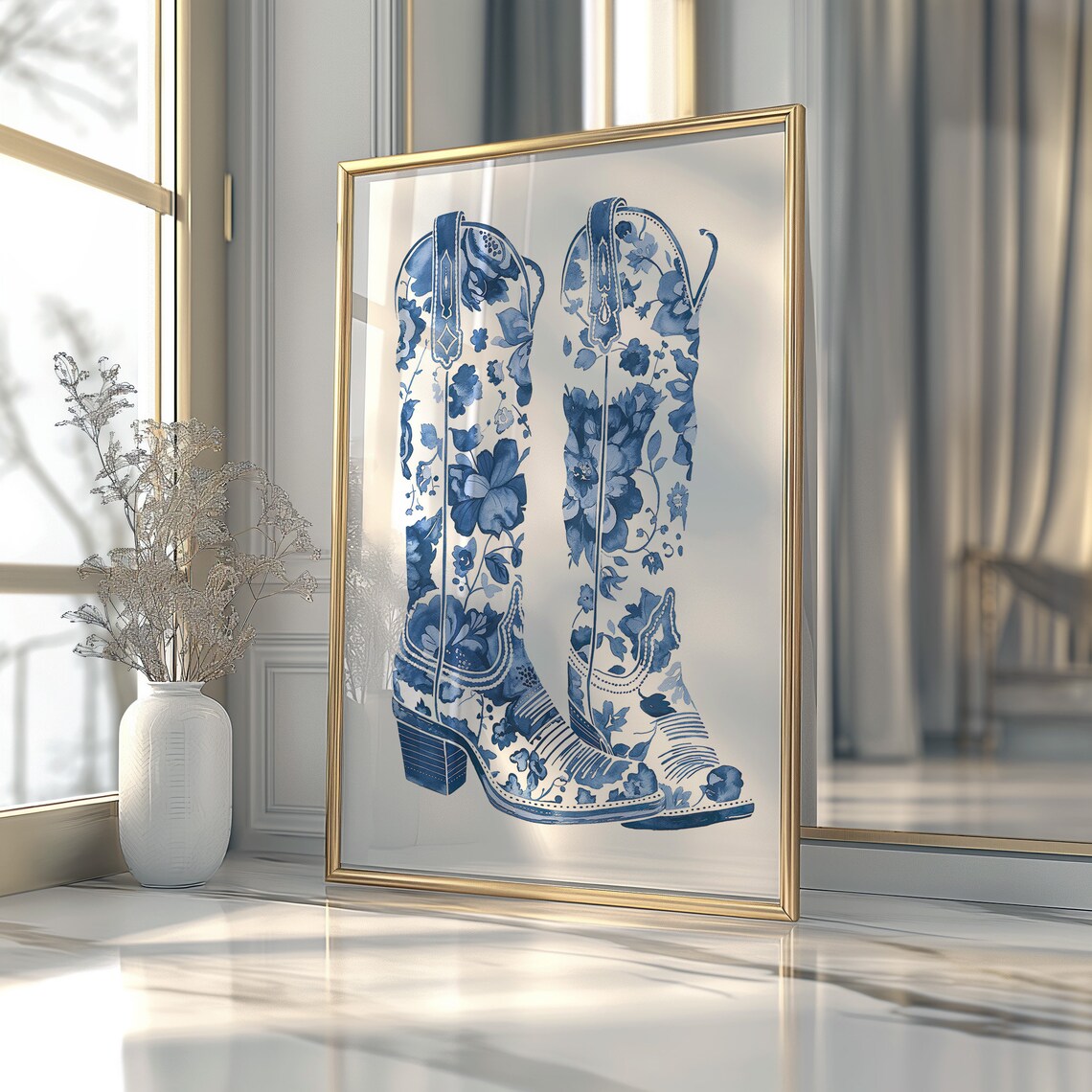 Blue Cowboy Boots Minimalist Western Art Print - Image 3