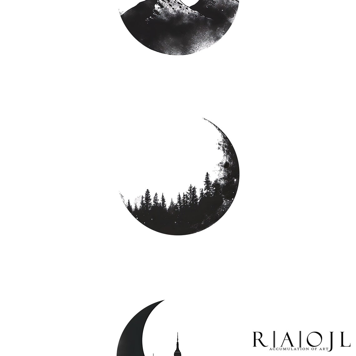 Minimalist Black Ink Moon Phases With Mountain Forest City Poster - Image 4