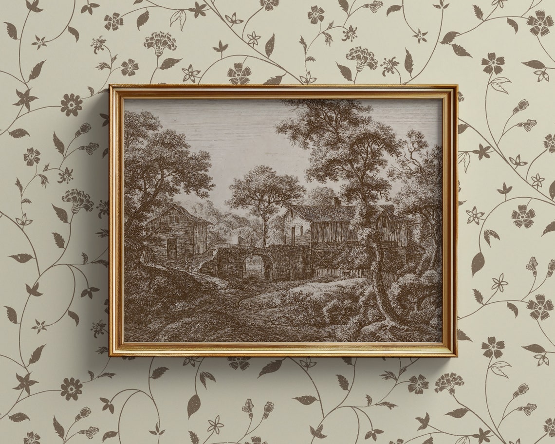 Antique Rustic Farmhouse Ink Sketch Vintage Landscape Poster - Image 3