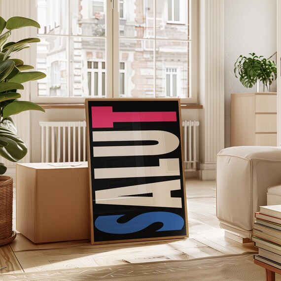 Salut Retro Style French Quote, Mid-Century Typography