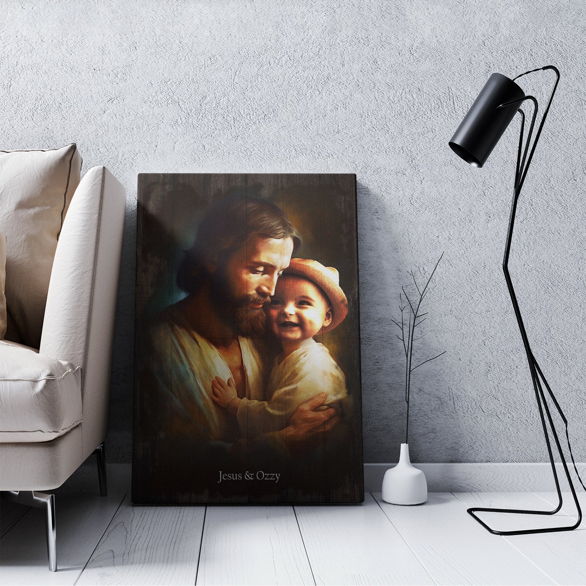 Jesus Hugging Smiling Toddler Ozzy Rustic Wood Personalized Art Poster - Image 3