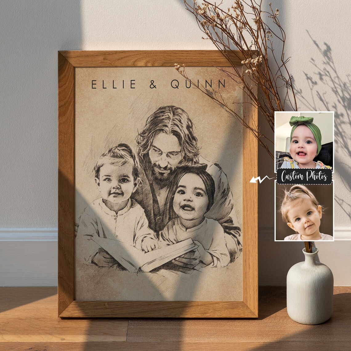 Jesus Reading with Two Children in Warm Sepia Pencil Sketch Canvas Poster - Image 3