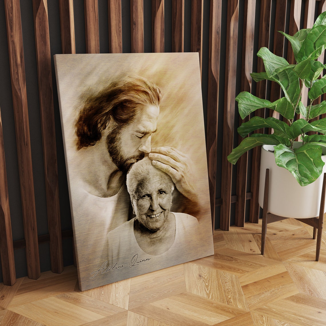 Jesus Blessing Elderly Donny Sepia Canvas Personalized Memorial Poster - Image 3