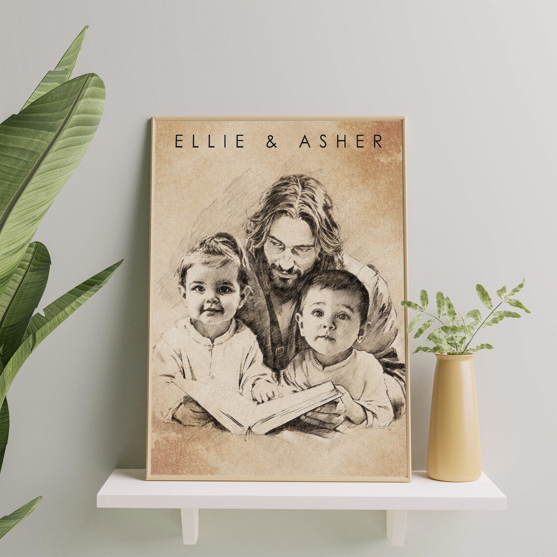 Jesus Reading with Two Children in Warm Sepia Pencil Sketch Canvas Poster - Image 2
