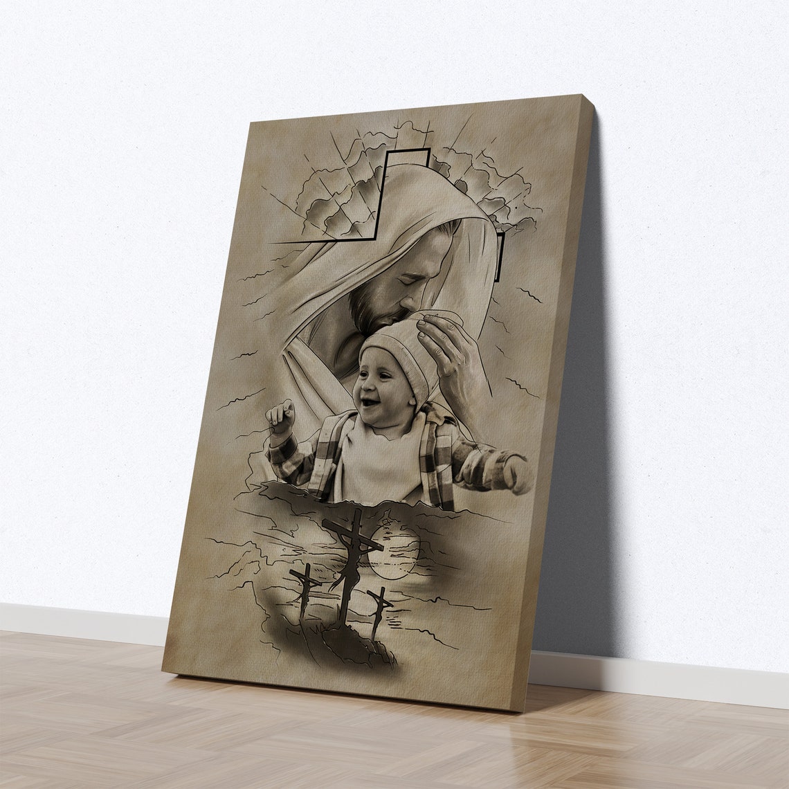 Custom Child Photo with Jesus Blessing Sketch Portrait Wall Poster - Image 4