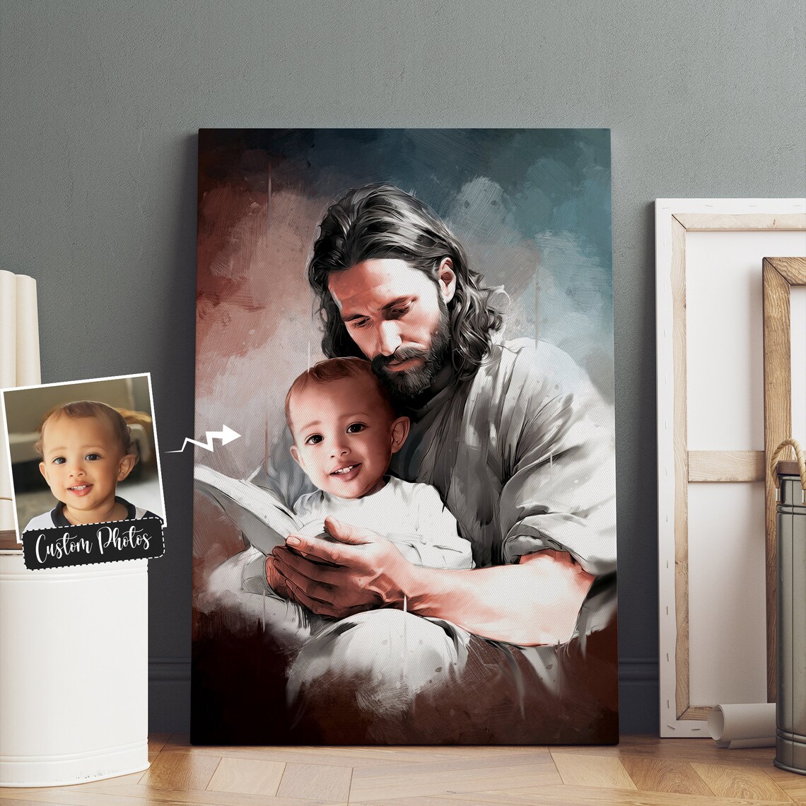 Jesus Reading a Story to a Toddler Girl Framed Oil Painting Style Poster - Image 2
