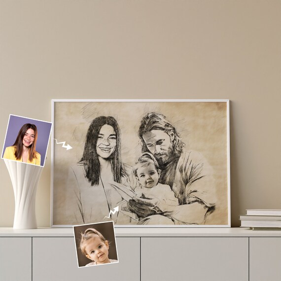 Custom Pencil Sketch of Mom Baby and Jesus Reading Together Wall Art