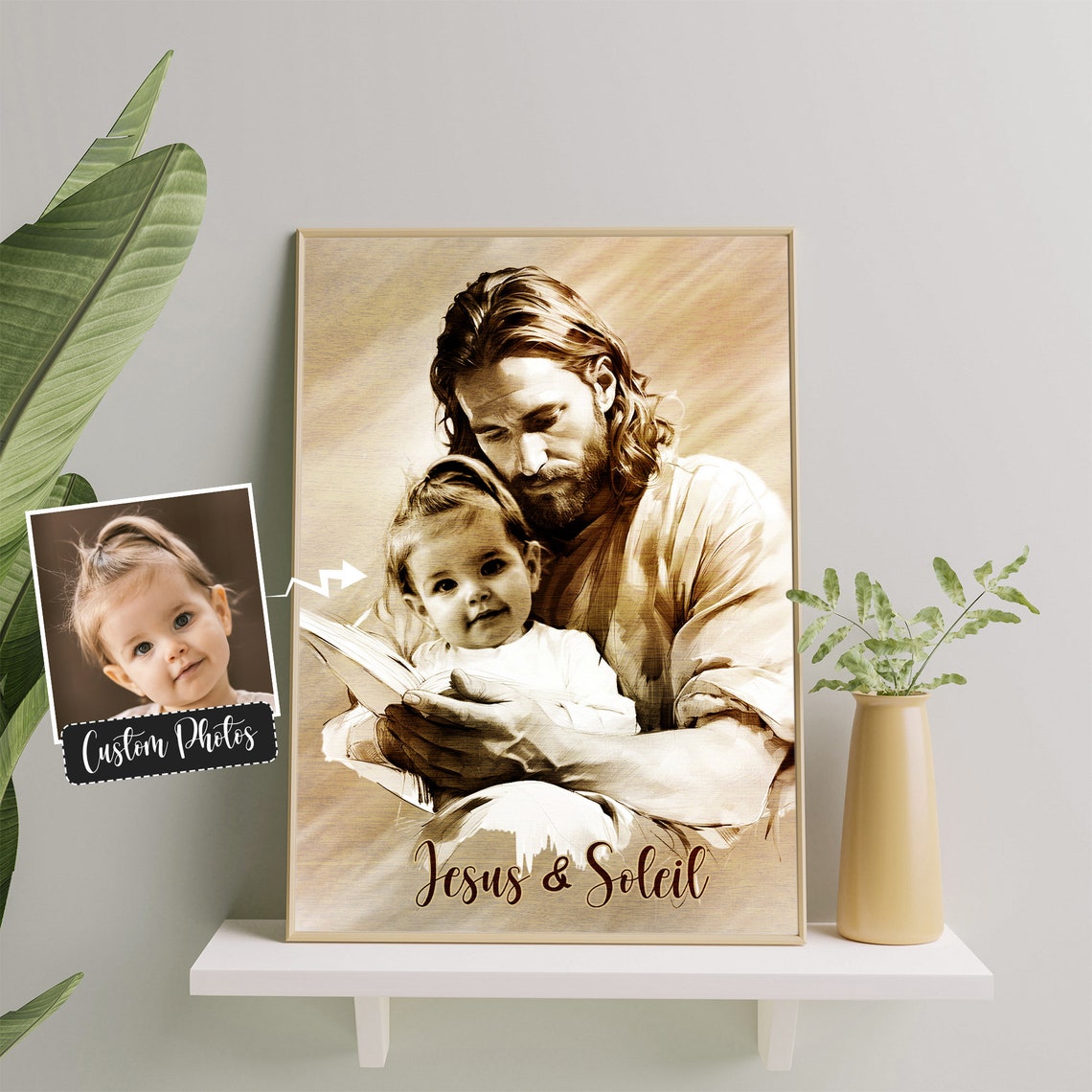 Jesus Reading to Baby Ezra Sepia Framed Personalized Memorial Wall Art - Image 4