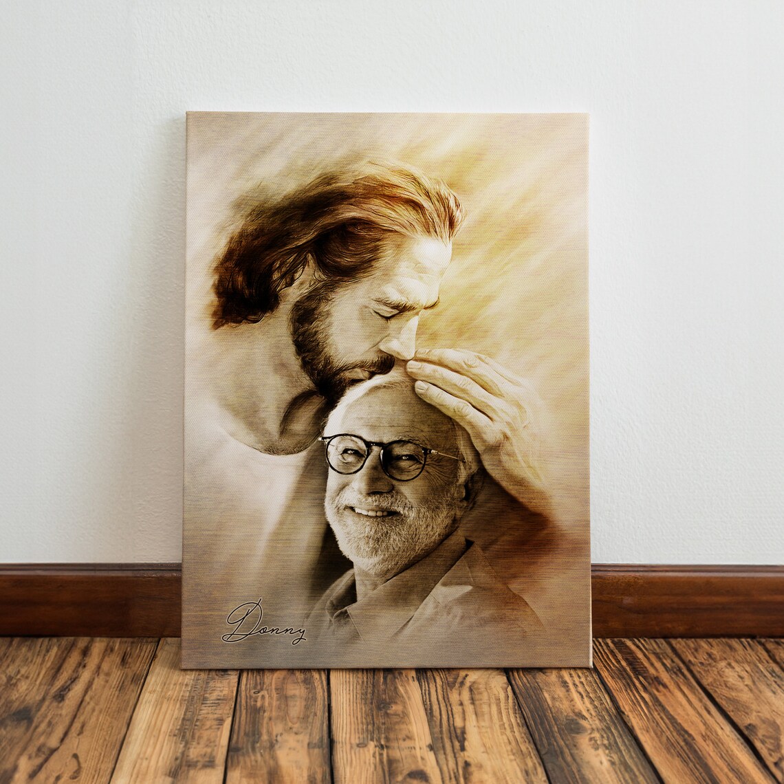 Jesus Embracing Elderly Donny Sepia Personalized Memorial Canvas Poster - Image 2