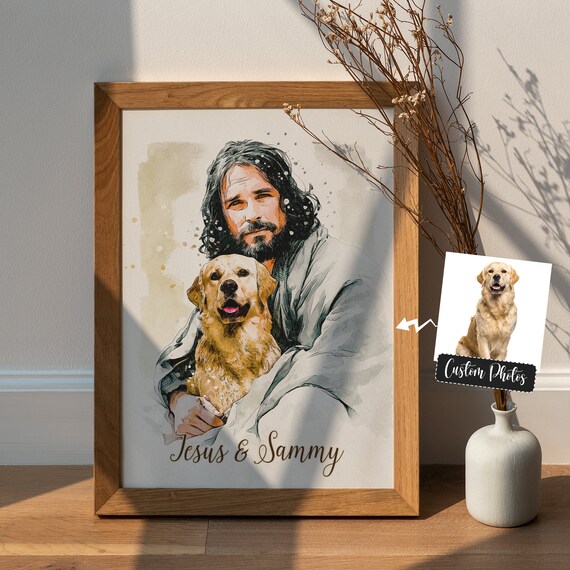 Jesus Holding Golden Retriever Sammy Framed Watercolor Memorial Poster