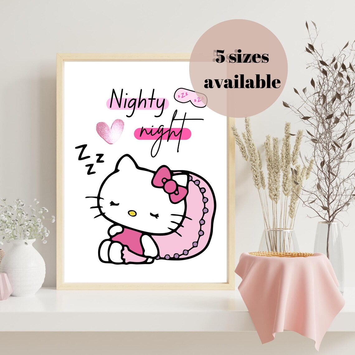 Hello Kitty Nighty Night Sleeping Cat Nursery Quote Poster Pink Heart Art - Image 3