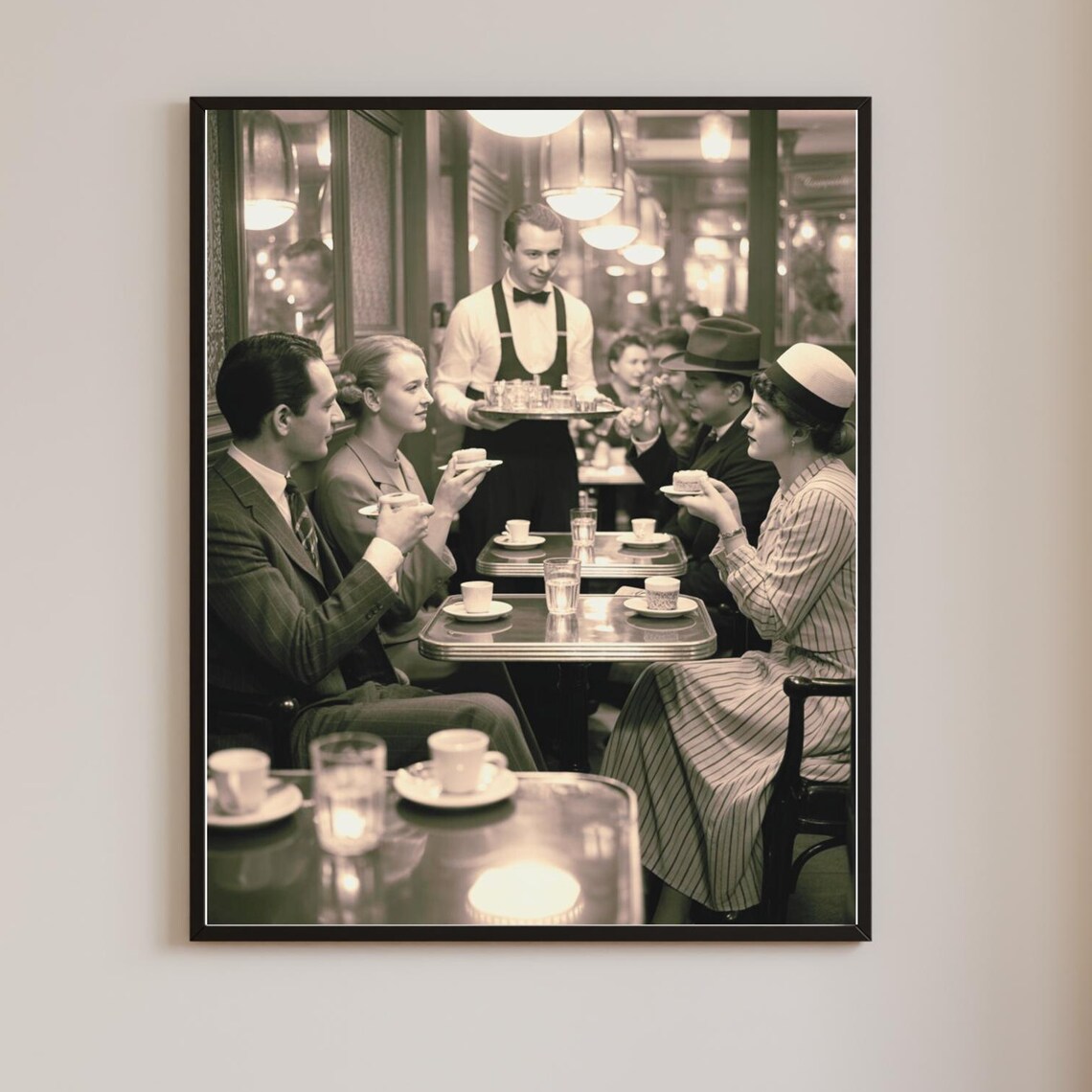 Vintage 1930s European Cafe Black And White Photography Poster