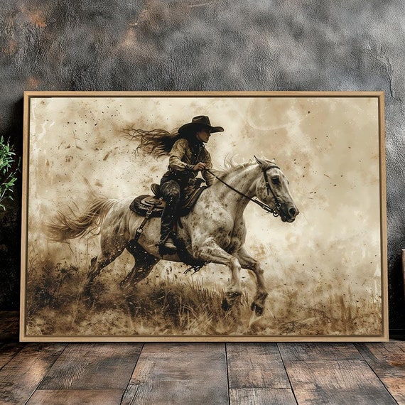 Cowgirl on Galloping Horse Western Equestrian Art Print