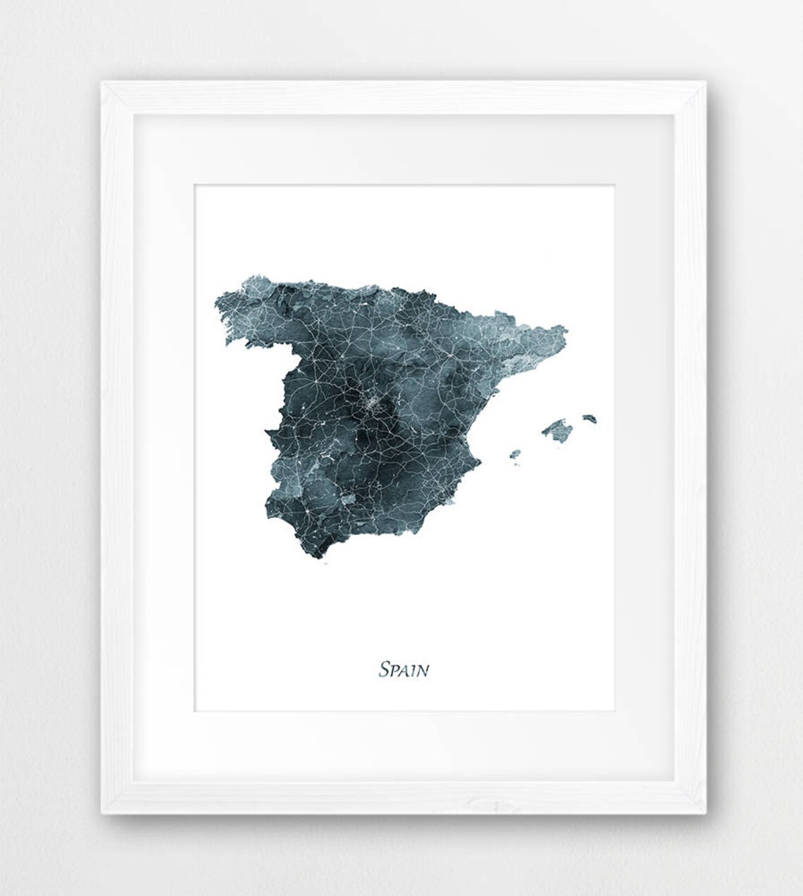 Spain Dark Teal Watercolor Country Map Minimalist Wall Poster Decor Art