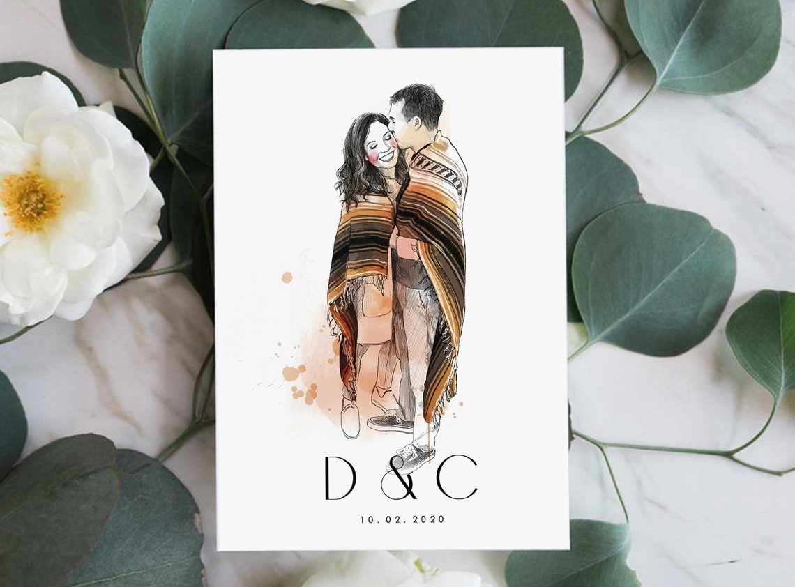 Watercolor Couple Save the Date Card with Monogram Wedding Print
