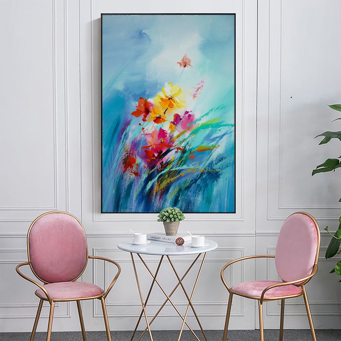 Turquoise Blue Blooming Wildflowers Abstract Floral Art Poster - Image 3