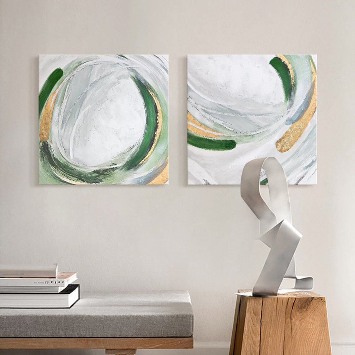 Green Gold White Circular Abstract Diptych Modern Canvas Wall Art