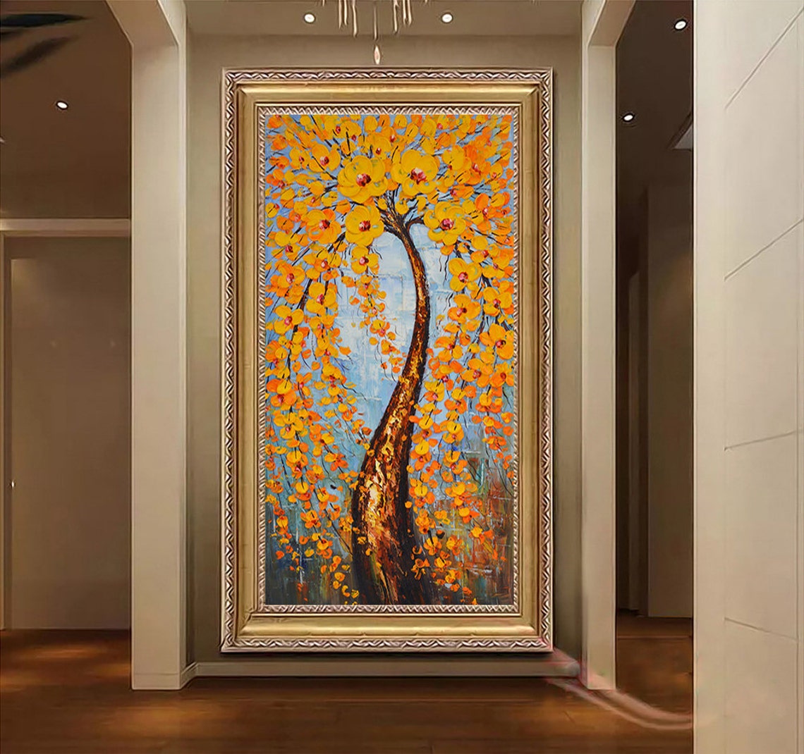 Blooming Orange Flowering Tree Against Blue Sky Oil Art Poster - Image 3