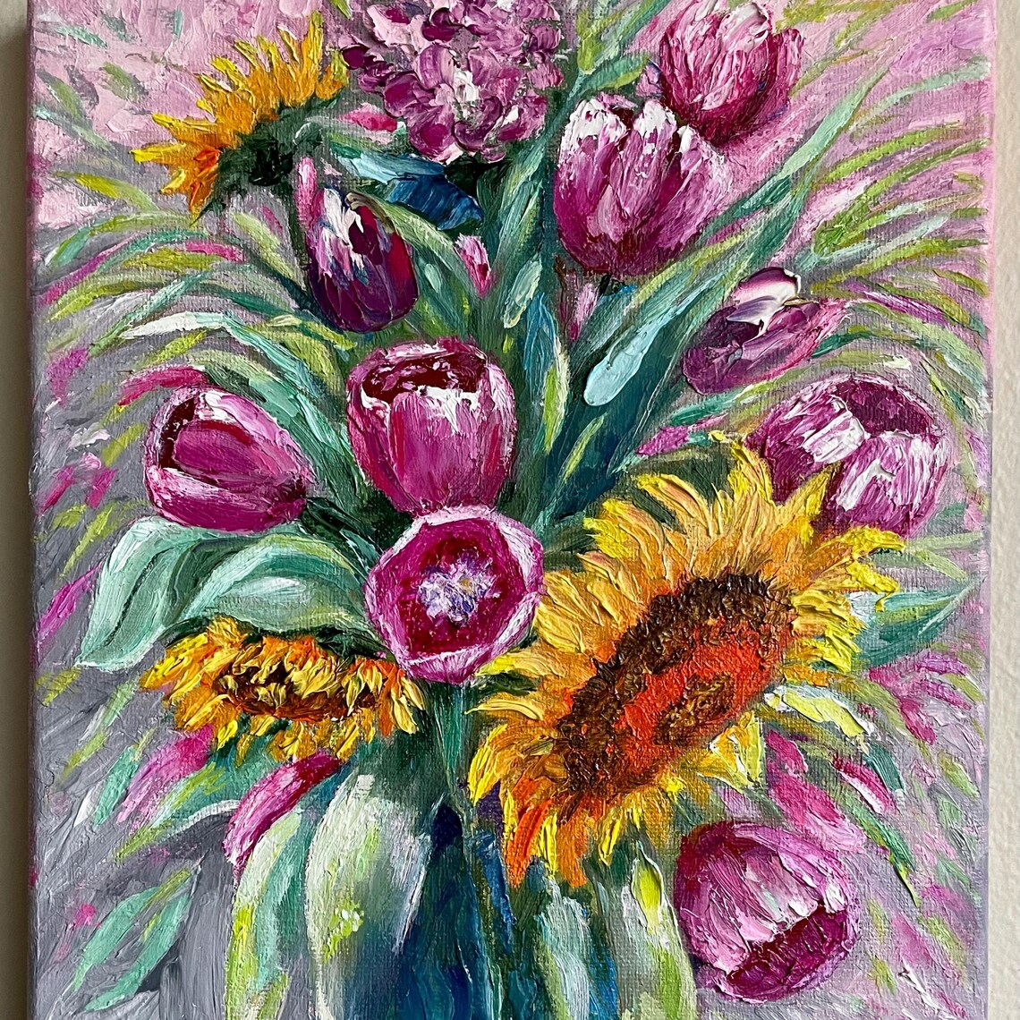Tulips Original Handmade Oil Painting On Sunflowers Painting Floral Gallery Wall Art One Of A Kind Gift For Flower Lovers