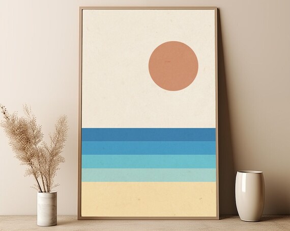 Vintage Effect Abstract Beach Wall Art Geometric Waves Painting Wall Print Ocean Colors Large