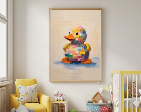 Cute Baby Duck Nursery Print Bath Duck Toy Painting Wall Print Watercolor Duck Soft Colored Large Poster