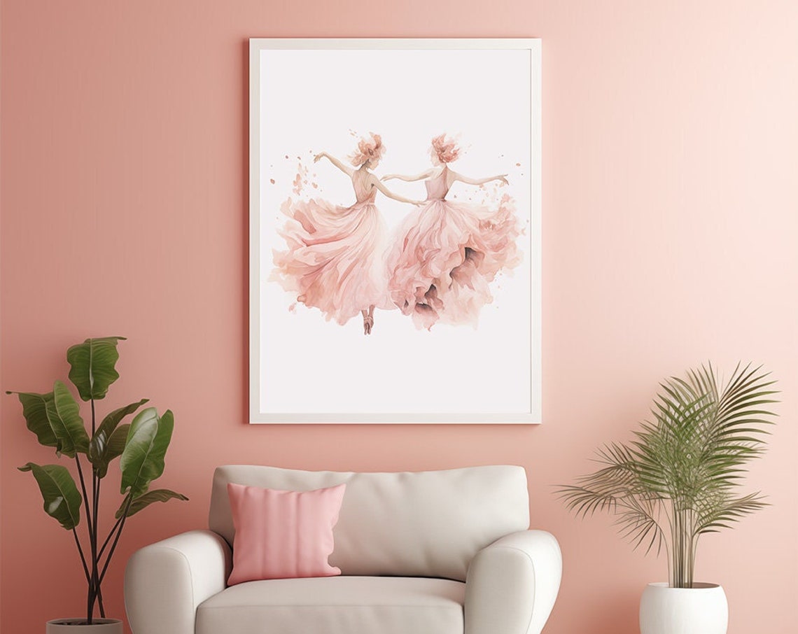 Two Pink Ballerinas Soft Watercolor Ballet Dance Girls Room Art Print