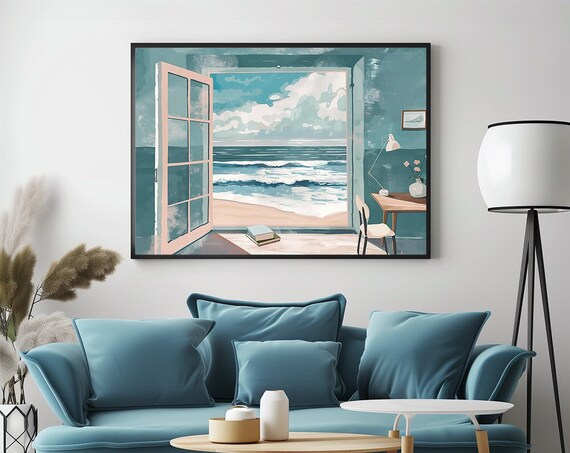 Ocean View Through Open Doors Coastal Teal Room Decor Poster