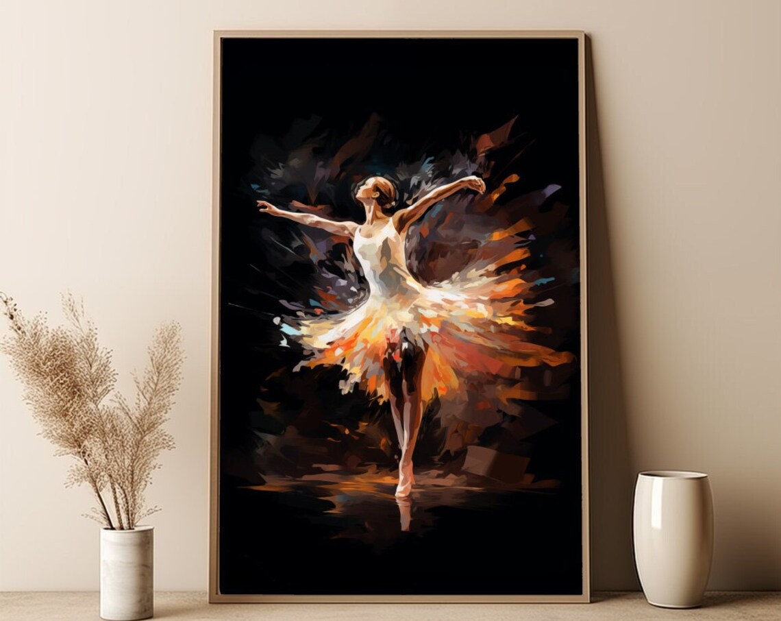 Fiery Ballerina Dancer On Dark Stage Dramatic Ballet Art Wall Poster