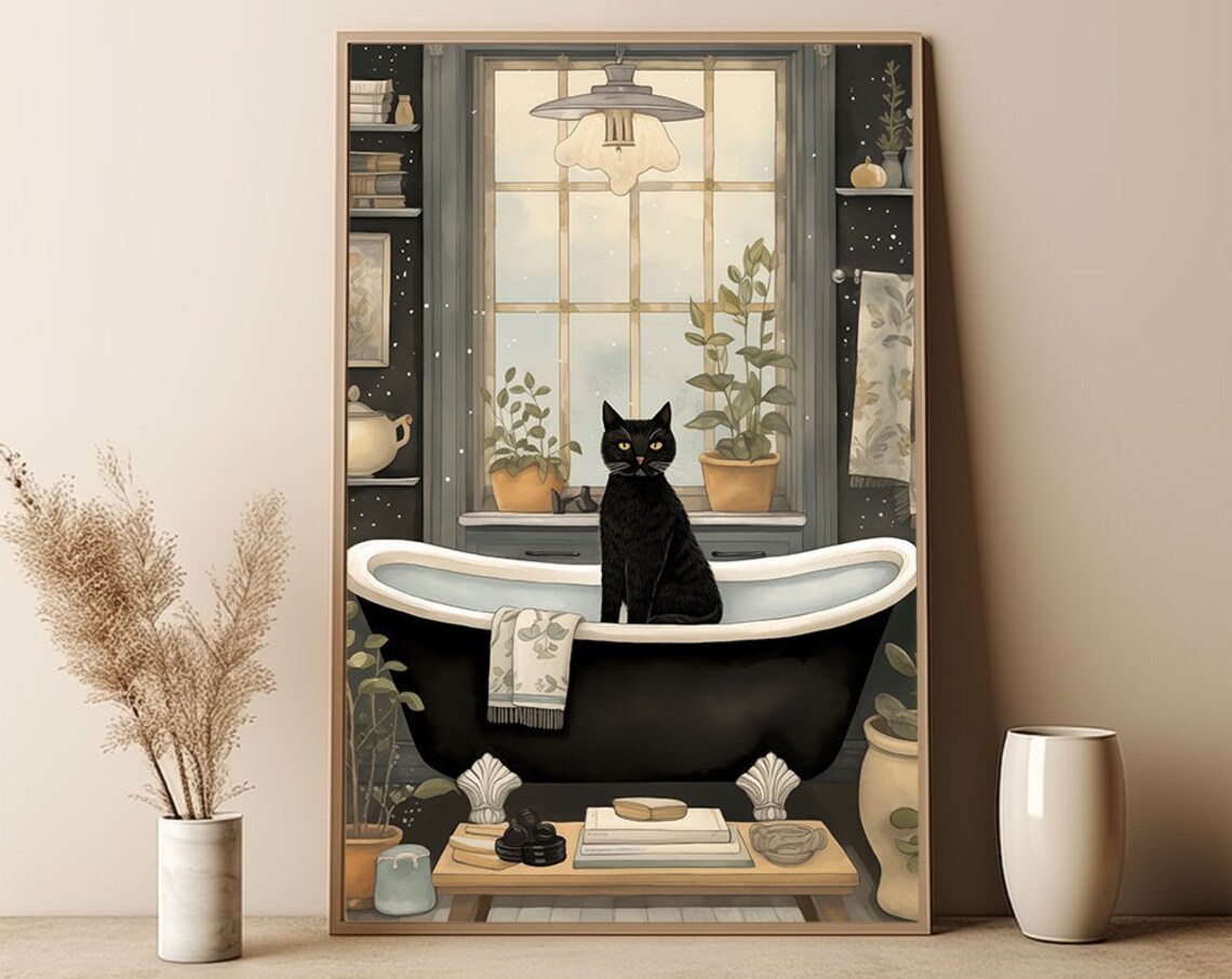 Elegant Black Cat In Vintage Bathtub Cozy Bathroom Decor Art Poster