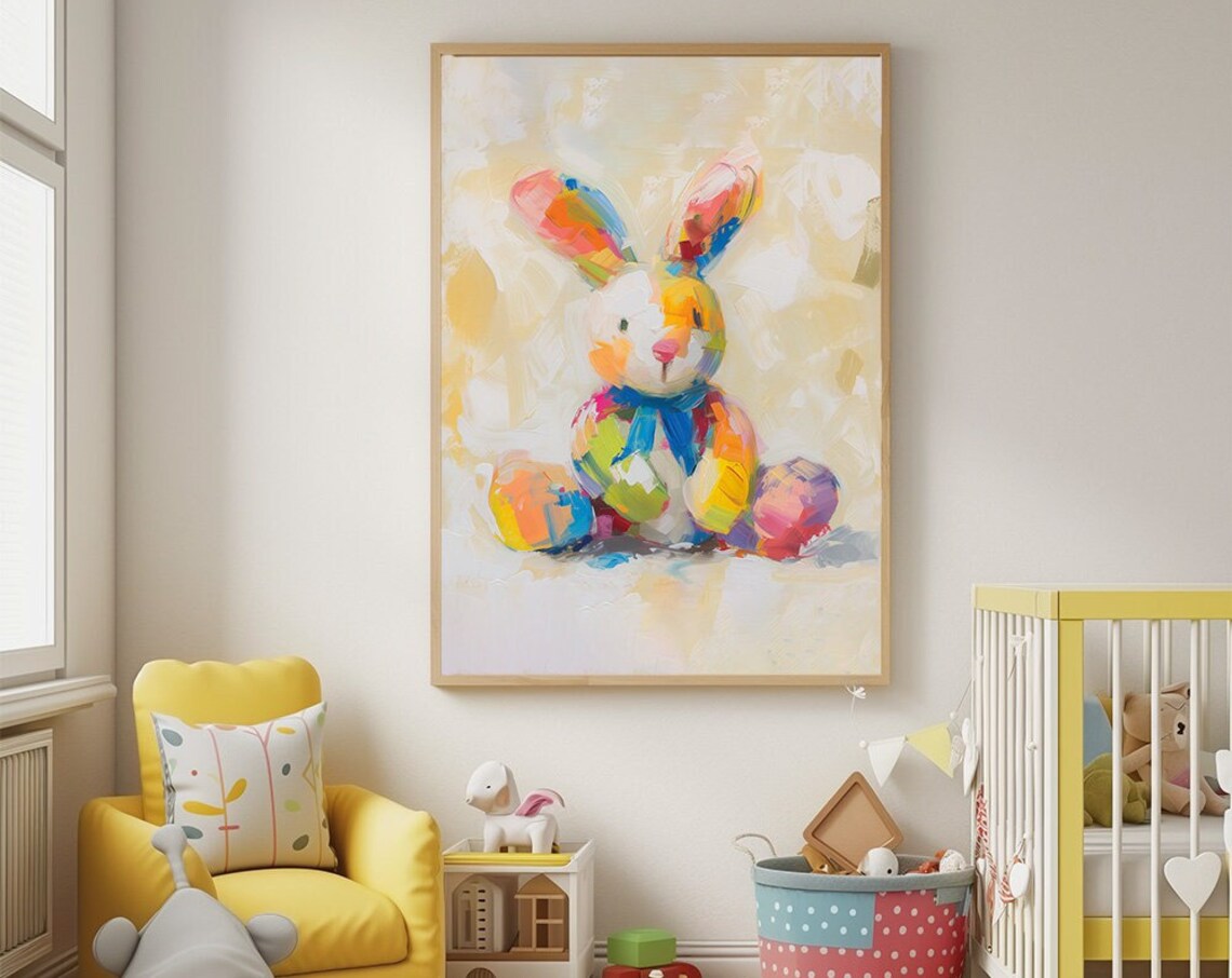 Colorful Watercolor Plush Bunny Toy Nursery Kids Room Wall Art