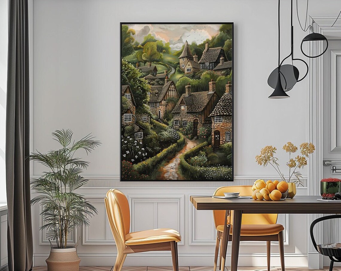English Countryside Village Stone Houses Green Hills Wall Poster