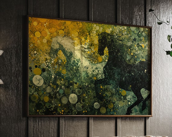 Abstract Running Horses Art Print Emerald Green Equine Decor