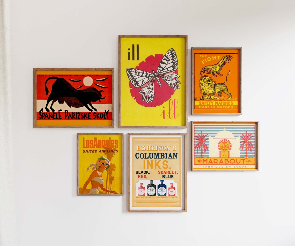 Set Of Six Vintage Ad Reproductions Bold Eclectic Gallery Wall Art