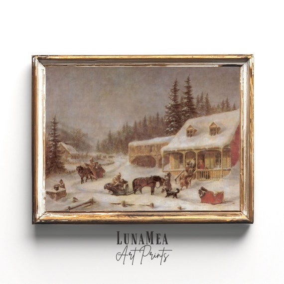 Cozy Vintage Winter Christmas Village Painting Rustic Home Decor Snowy Landscape Holiday Wall Art Vintage Moody Painting