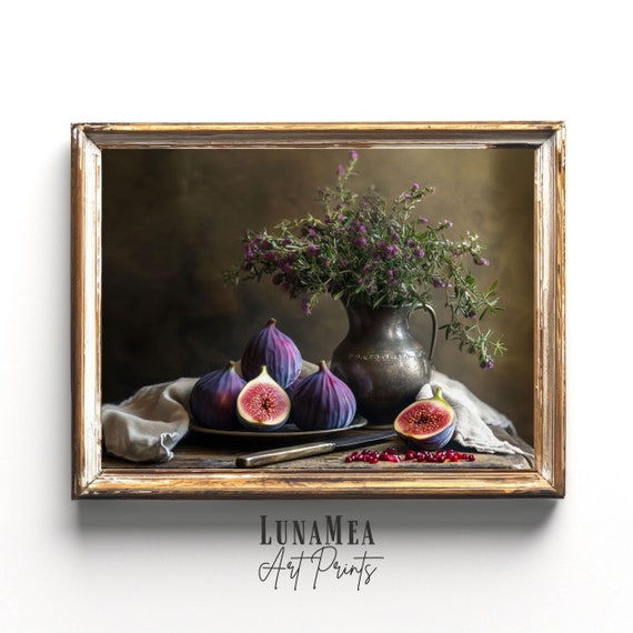 Rustic Vintage Kitchen Wall Art Moody Still Life With Figs And Herbs Farmhouse Cottagecore Decor Print Dark Academia Oil Painting