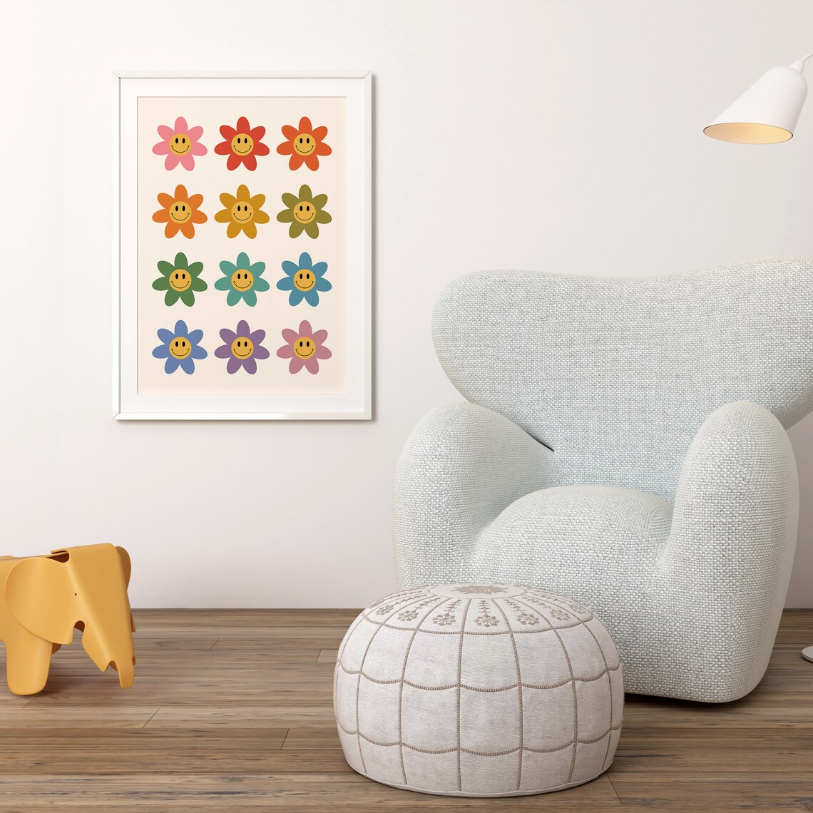 Retro Smiley Daisy Grid Colorful Groovy Flower Kids Wall Art - Image 3